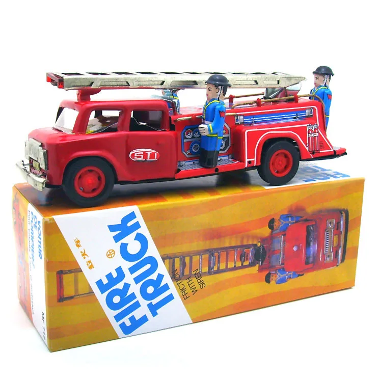 

[Funny] Adult Collection Retro Wind up toy Metal Tin fire fighting truck car firefighters Mechanical toy figures model kids gift