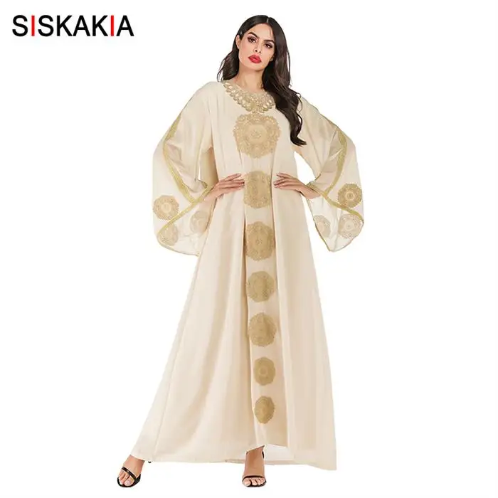 Apricot dress Siskakia модное арабское длинное платье шикарные Этнические вышитые платья абайя свободные с расклешенными рукавами мусульманская одежда Дубай халаты с шарфом - Цвет: Apricot dress