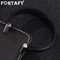 fortafy jewelry black genuine leather open cuff bracelet silver color stainless steel women bangles men wristband fr0989h