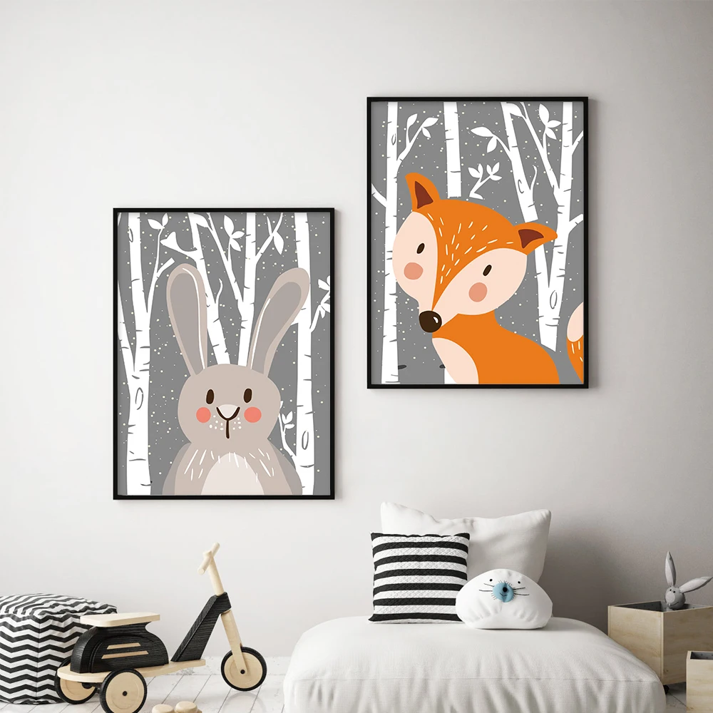 Забавный медведь лиса кролик плакаты печать лесной лес мультфильм картина с