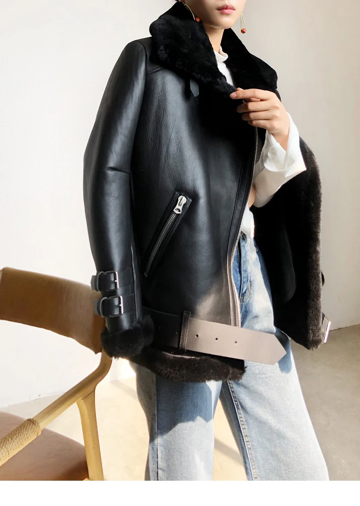 Winter Lamb Fur Bomber Real leather Jacket Women New Sheepskin Double Face Shearling Coat Oversized Genuine Leather Jackets