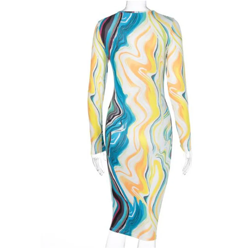 

2020 long sleeve colorful print dress women o-neck bodycon dress spring fall women new fashion streetwear party elegant outfits