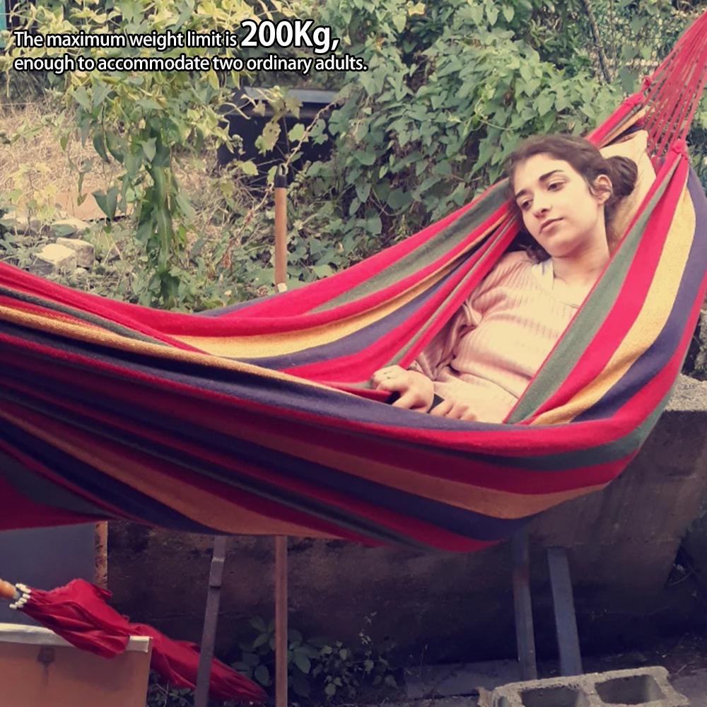 

1 шт. портативный уличный гамак для сада, спорта, дома, путешествий, кемпинга, качели, холщовые подвесные в полоску для гамака 270x150 см, на 1-2 кро...