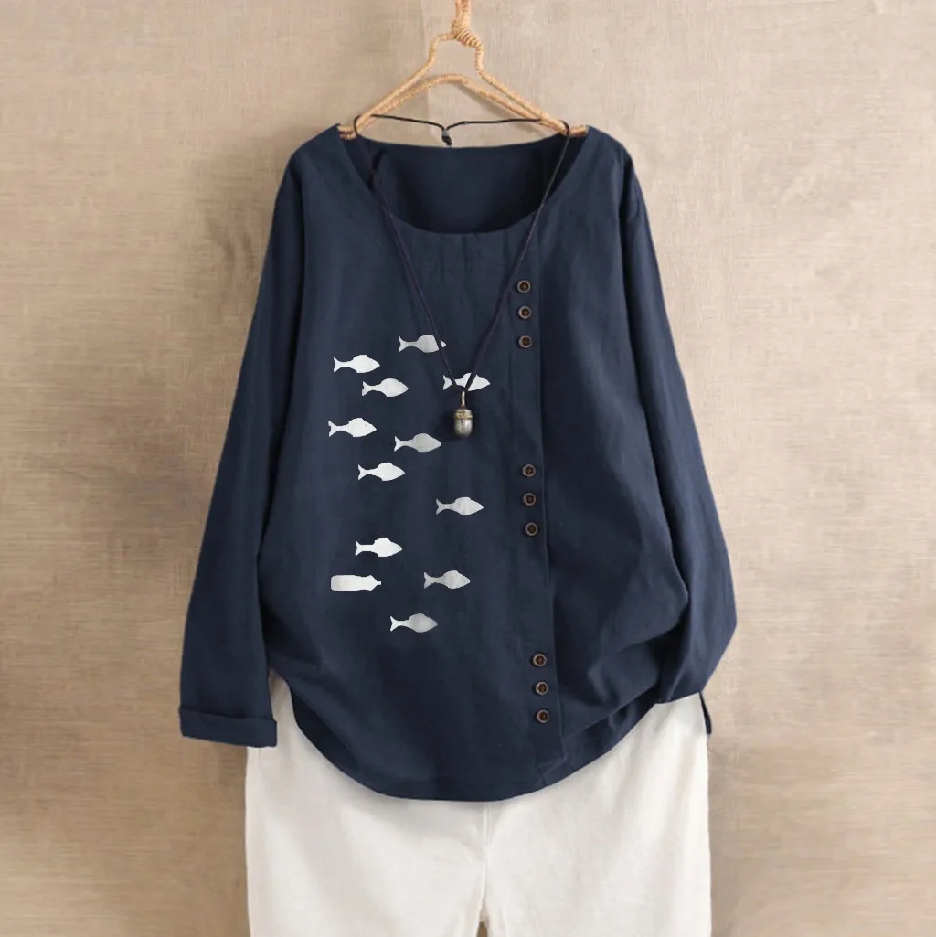 Женский хлопковый льняной кафтан с длинным рукавом мешковатая рубашка принтом