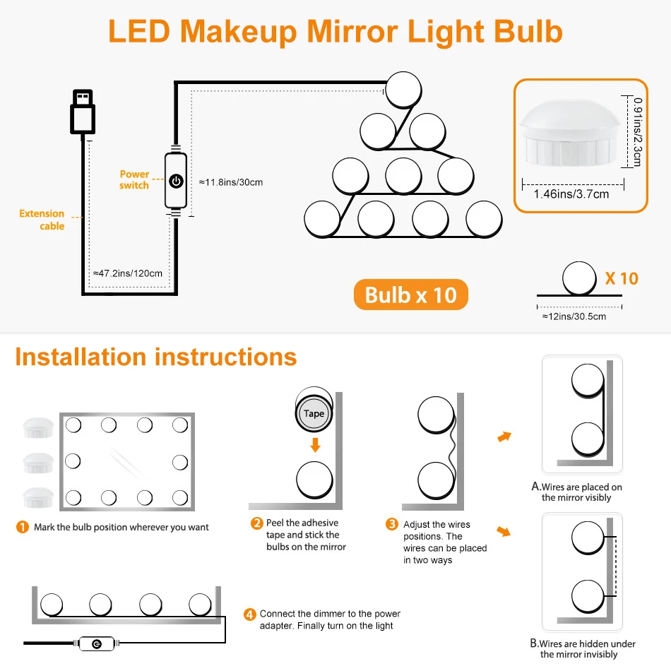 Светодиодная лампа для зеркала макияжа комплект из 2/6/10 лампочек с регулируемой