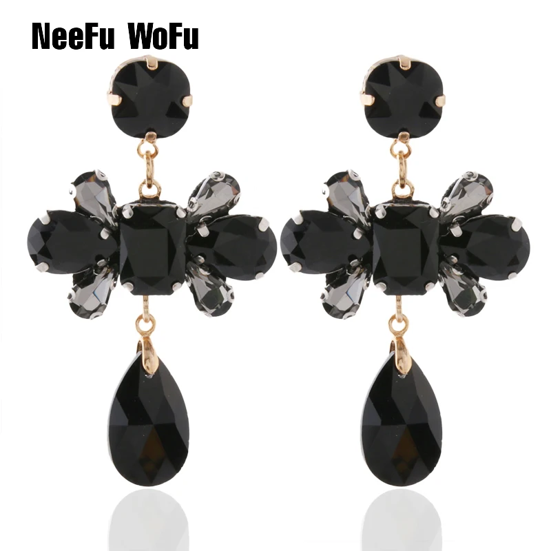 

NeeFu WoFu Drop Rhinestone Earrings Handmade Fashion woman glass Flowers long Earring Dangle Large Brinco Ear Oorbellen