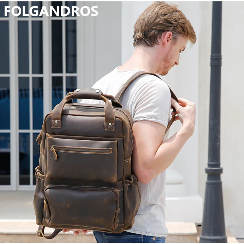 Мужской вместительный рюкзак из натуральной кожи винтажный деловой ручной