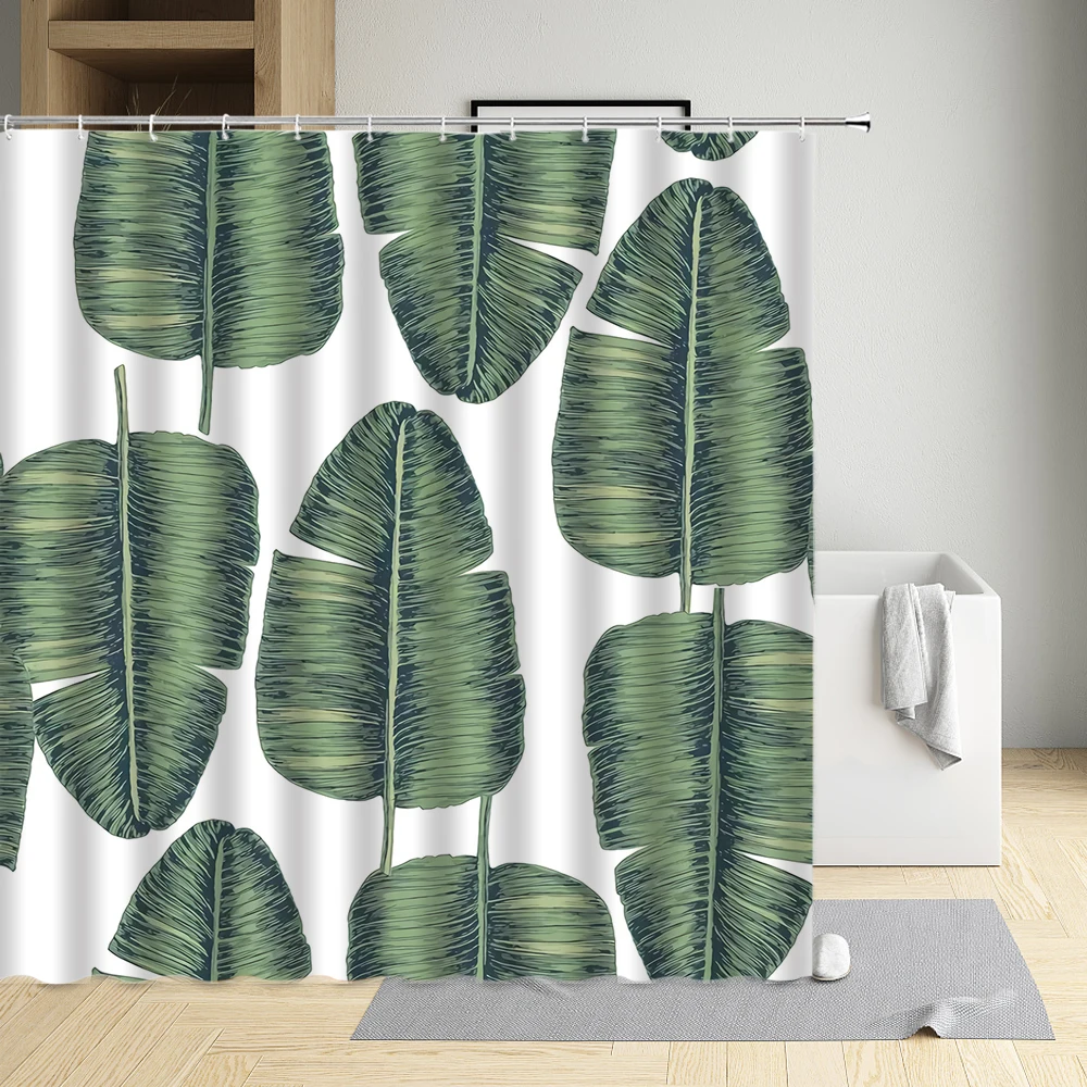 

White Background Banana Leaf Creative Shower Curtain Golden Leaves Plant Waterproof Cloth Bathroom Decor Bath Screen With Hooks