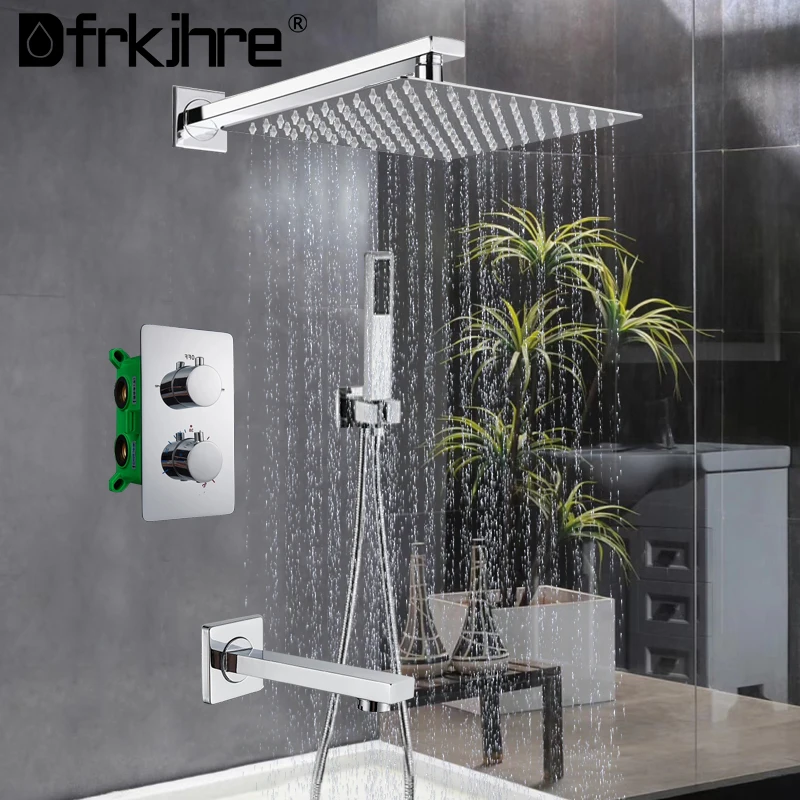 

Chrome Thermostatic Concealed Rainfall Shower Faucet Bathroom Wall Mount Shower Set Dual Handle Brass With Tub Spout Mixer Tap