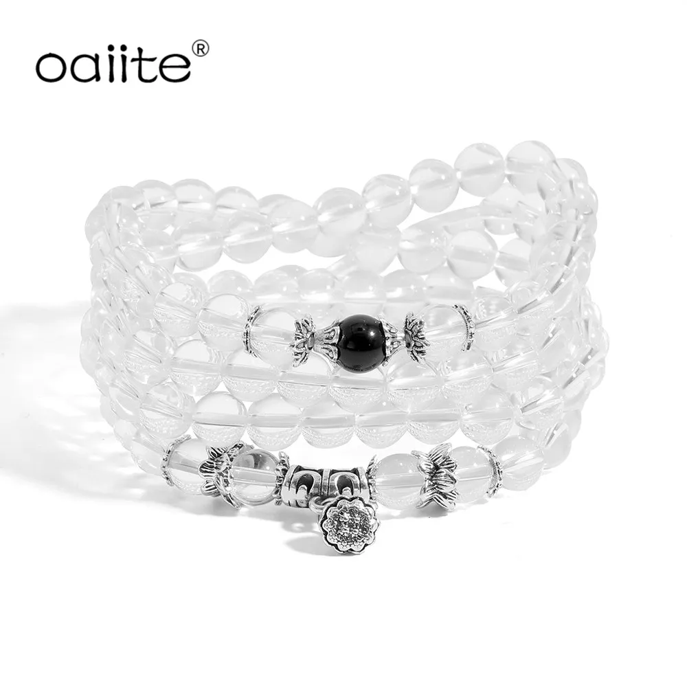 

OAIITE Natural Stone White Crystal Mala Bracelet or Necklace 108 Buddha Yoga Japa Mala Bracelet for Women Necklece Lotus Jewelry