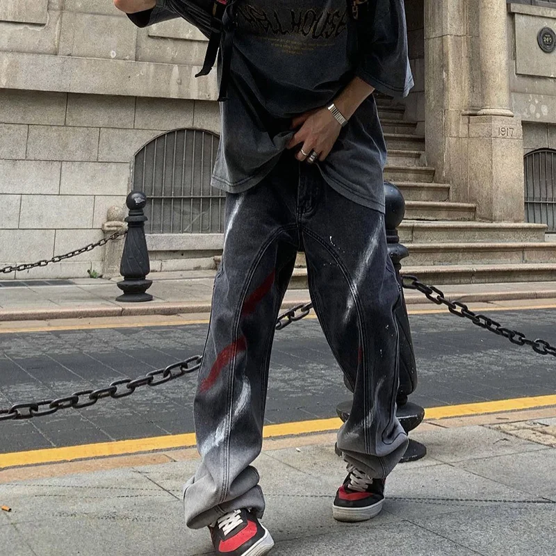 

Gradient Painted Hole Straight Washed Denim Trousers Men and Women Oversize Streetwear Casual Jeans Loose Retro Jean Pants