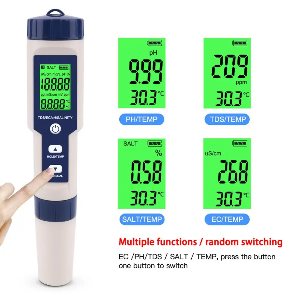 

5 in 1 TDS/EC/PH/Salinity/Temperature Meter Digital Water Quality Monitor Tester for Pools, Drinking Water, Aquariums