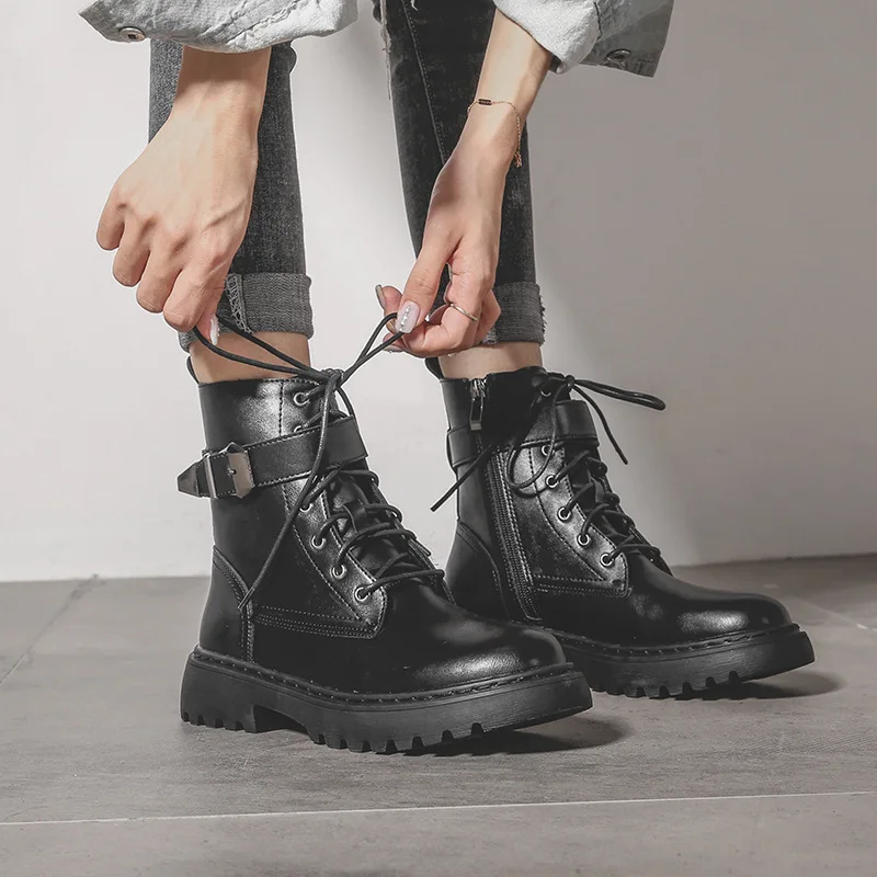 

2019 Autumn Shoes Boots Women Fashion Brand Martin Boots Black Thick Bottom Chunky Cross-tied Martin Boots Female botas mujer