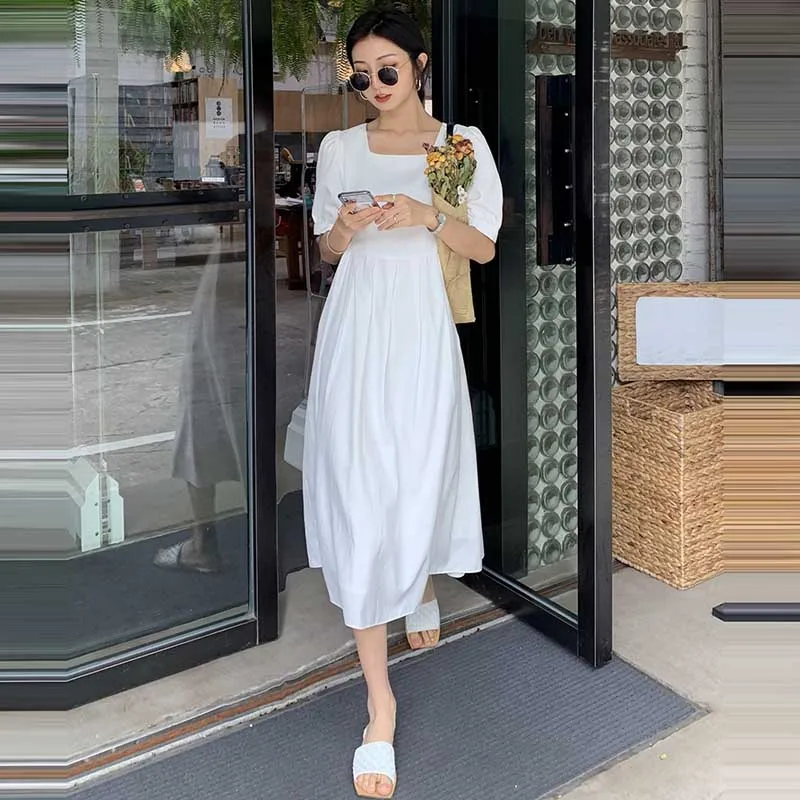 

One-Piece Girl White Dress Fashion Elegant Korean Office Dresses Summer 2021 Women Square Collar Short Sleeve Dresses Midi Dress