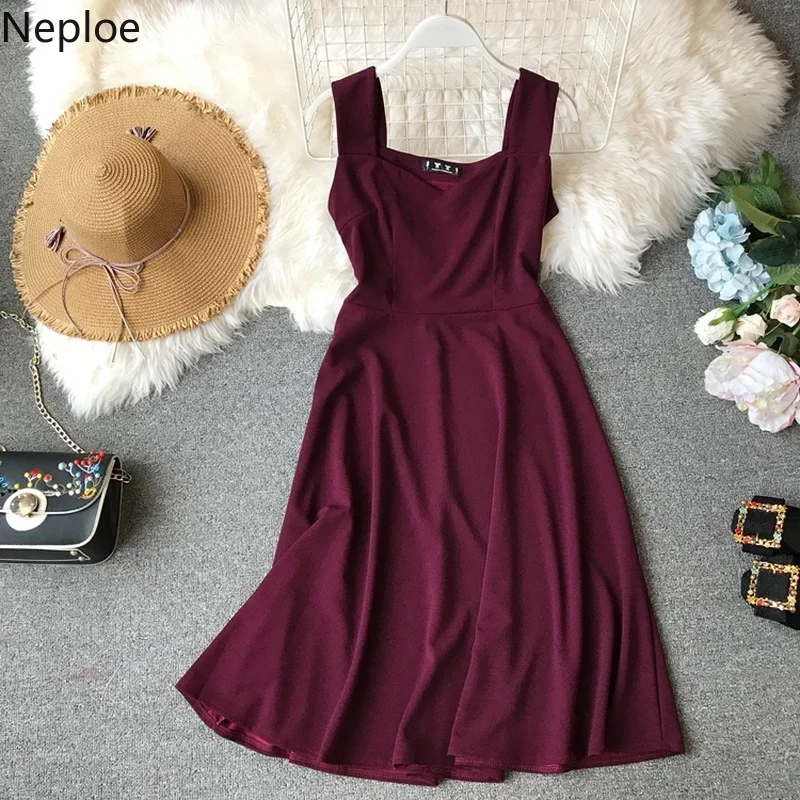 Летнее женское платье Neploe 2021 однотонное без рукавов с квадратным вырезом и