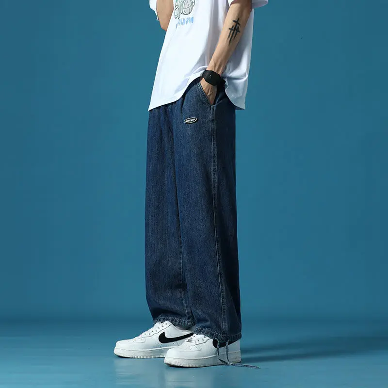 

Pure Color Wide-leg Cotton Jeans Men Korean Fashion Loose Casual Jeans Men Harajuku Streetwear Retro Straight Leg Pants Men