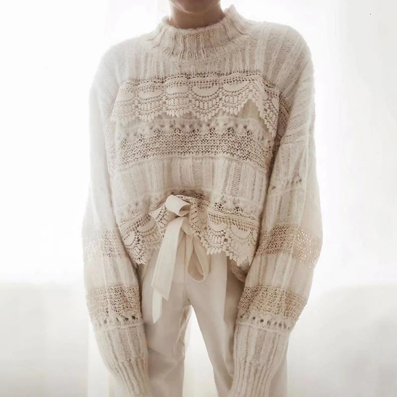 Повседневные Лоскутные кружевные открытые женские свитера с круглым вырезом
