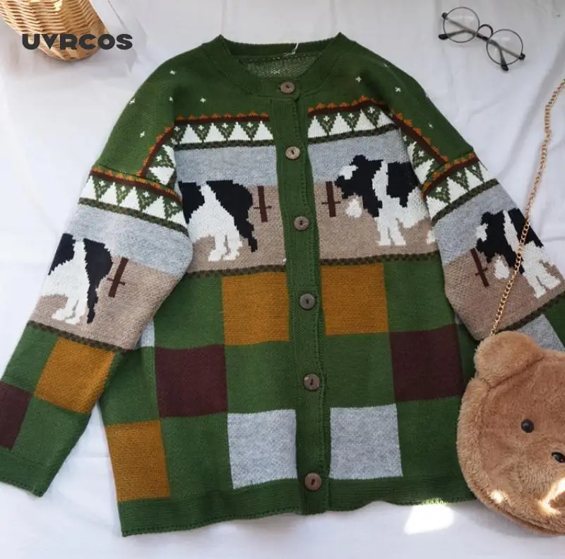

Autumn Women Cute Cow Jacquard Sweater Cardigan Coat Young Girl Loose Student Japanese Retro Harajuku Soft Sister Sweet J