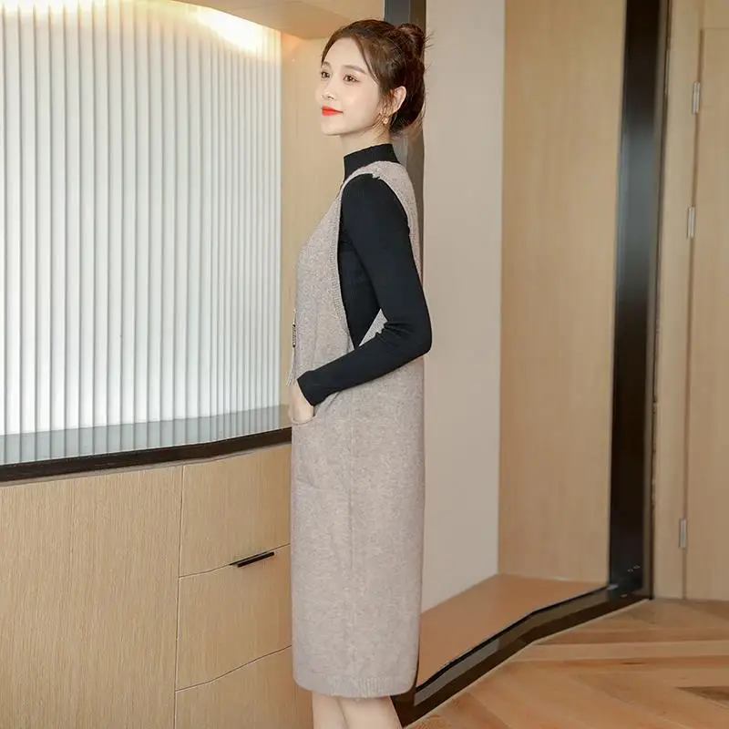 Зима 2021 женское повседневное прямое Платье-Свитер оверсайз без рукавов плотное