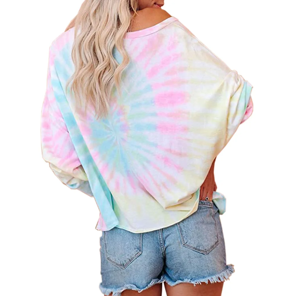 

harajuku women shirts Batwing Sleeve Fleece Tie O neck dye tops for women full sleeves t shirts