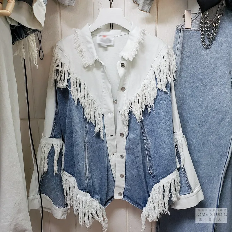 

Plus Size Jean Jackets Women Cool Hip Hop Milk Blue Color Patch Ripped Tassel Blue White Denim Retro Flare Sleeve Coats