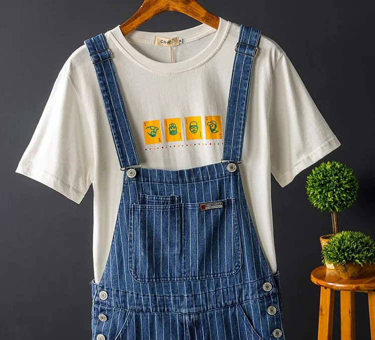 Men Harajuku Denim Trouser Braces Suspender Mens Regular Fit Blue Stripe Jeans Hip Hop Cargo Bib Overalls Loose Jumpsuit