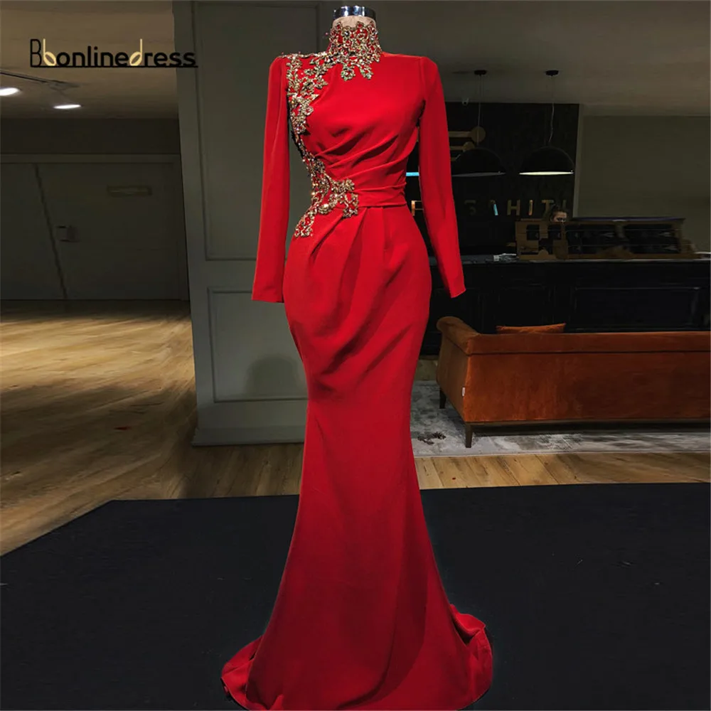 Bbonlinedress мусульманские Вечерние платья с высоким воротником длинным рукавом