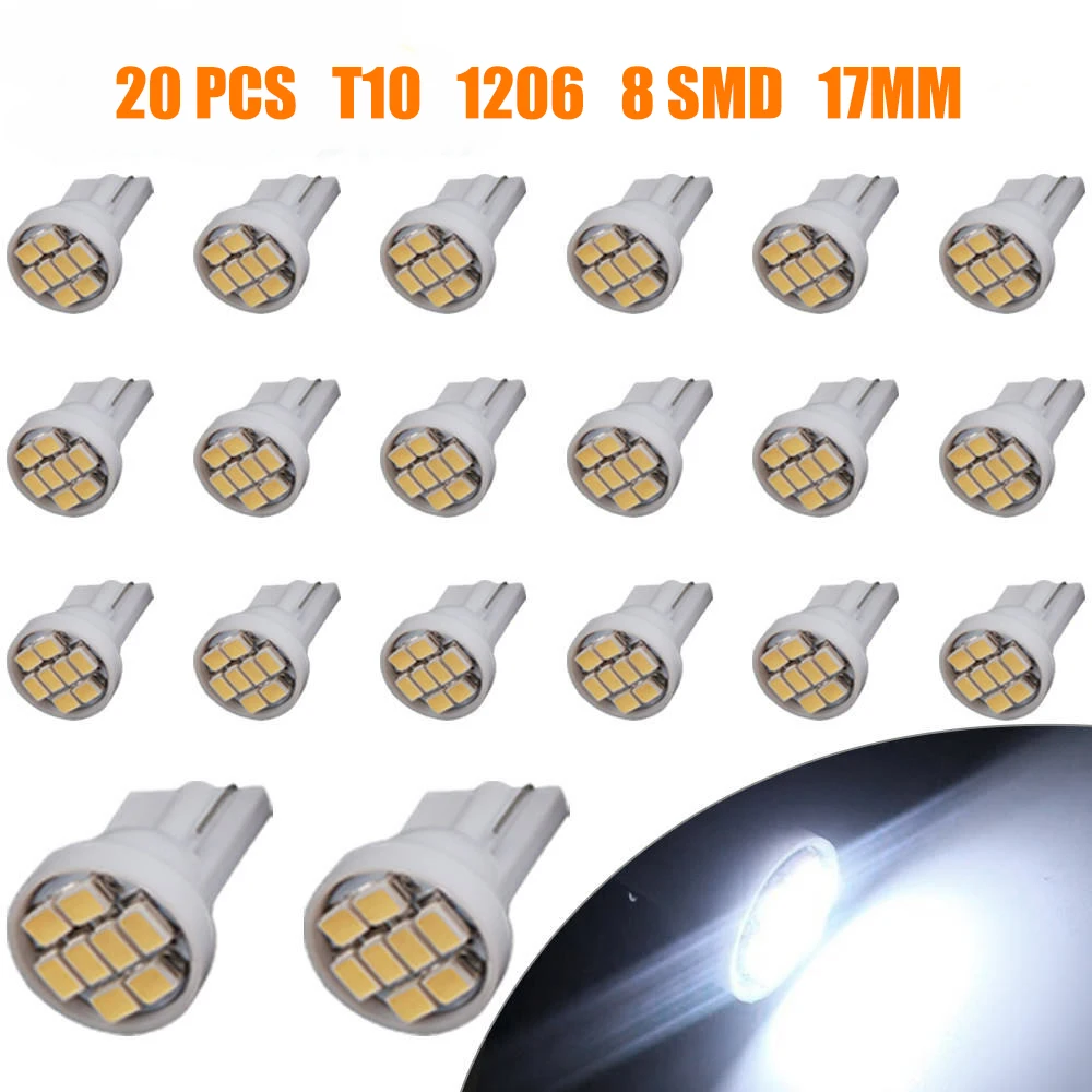 

20x T10 8SMD автомобильный светильник для номерного знака, грузовик, белый светодиод, купольная лампа, 17 мм, RV, внутренняя лампа для чтения, габари...