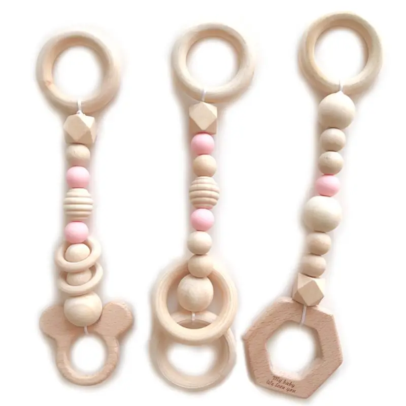 Pink-3 Pcs Детские деревянные животные Прорезыватель с погремушкой жевательный игровой, для тренировок коляска игрушка детская подвеска Подвески Прорезыватель игрушки мультяшный кулон - Цвет: Pink-3 Pcs