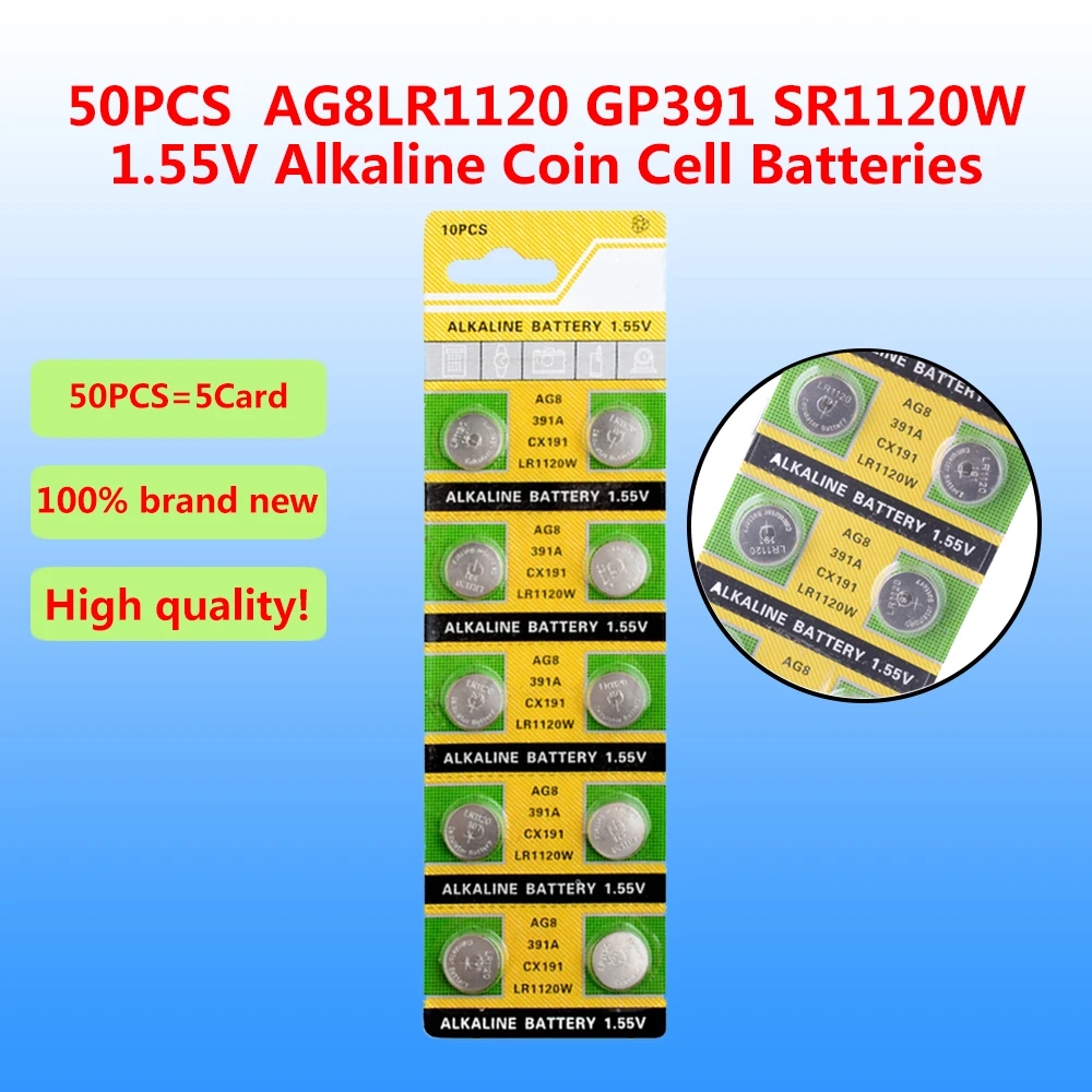 

50PCS High Quality! AG8 AG 8 LR1120 GP391 SR1120W 1.55V Alkaline Coin Cell Batteries For Watch Calculator Battery