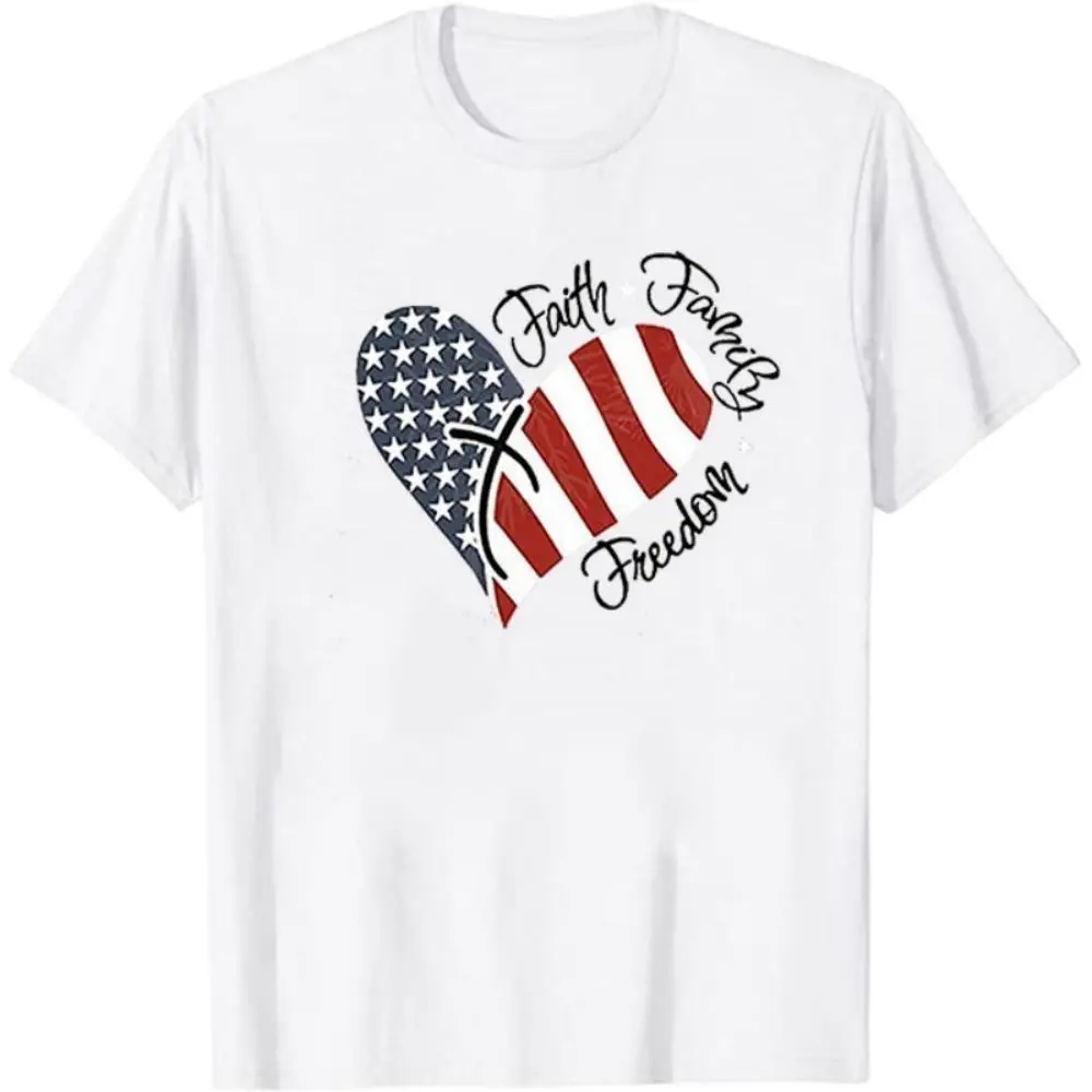 

American Flag Heart T Shirt Faith Family Freedom Patriotic Short Sleeve Tee for Women 4Th of July Usa Flag Casual Tops T Shirts