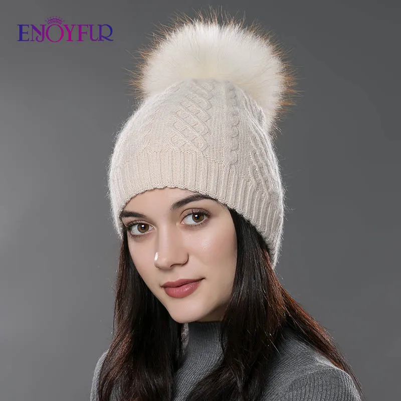 ENJOYFUR, зимняя меховая шапка с помпоном для женщин, кашемировая шерстяная хлопковая шапка, большая шапка с натуральным енотом, шапка с меховым помпоном, шапка с помпоном из лисьего меха