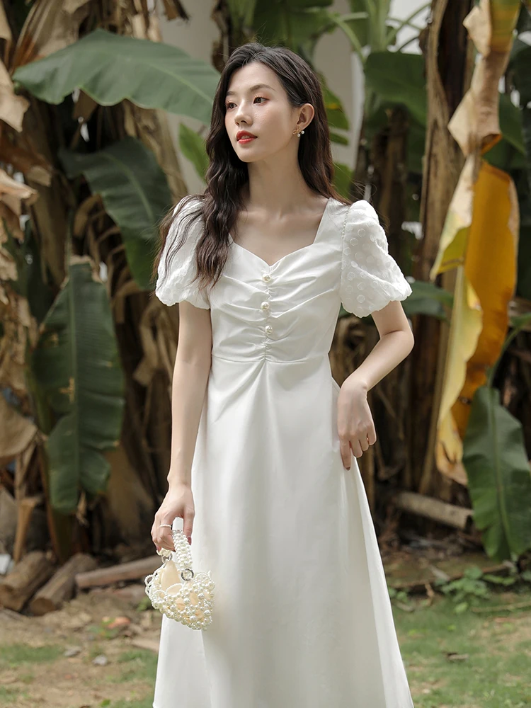 

Long A-line Skirt French First Love Sweet Tea Break Temperament Small White Puff Sleeve Dress Female Summer Square Neck