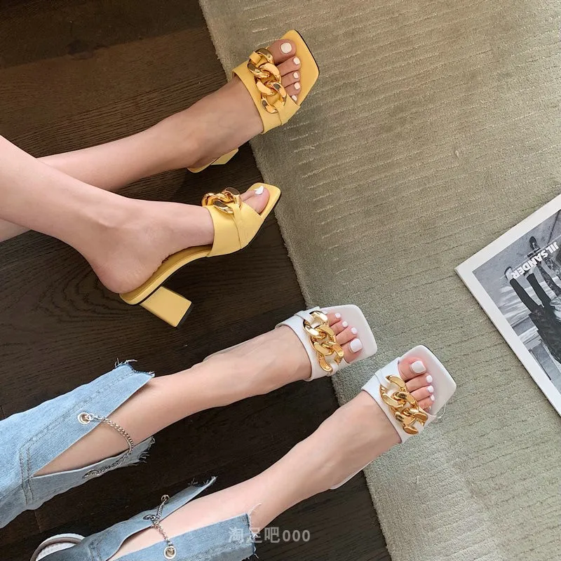 

Slippers Ladies Summer Metal Chain Women's Sandals 2021 Outdoor Slippers High Heels Sexy Women's Shoes Woman Slippers P24