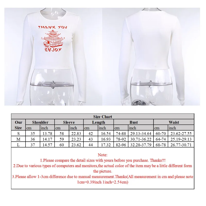 

Women Autumn O-Neck T-Shirt Harajuku Letters Architecture Tower Print Crop Top Sexy Ribbed Slim Fit Long Sleeve Basic Streetwear