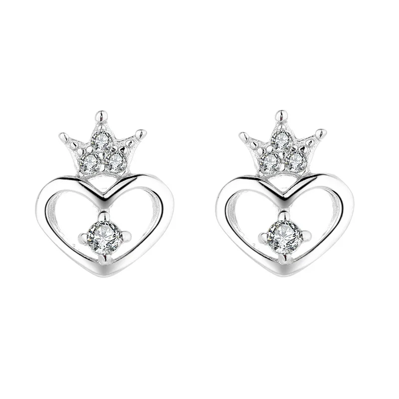 

Fengxiaoling Genuine 925 Sterling Silver Zircon Stud Earrings Cute/romantic Mini Zircon Heart Crown For Women Engagement Jewelry