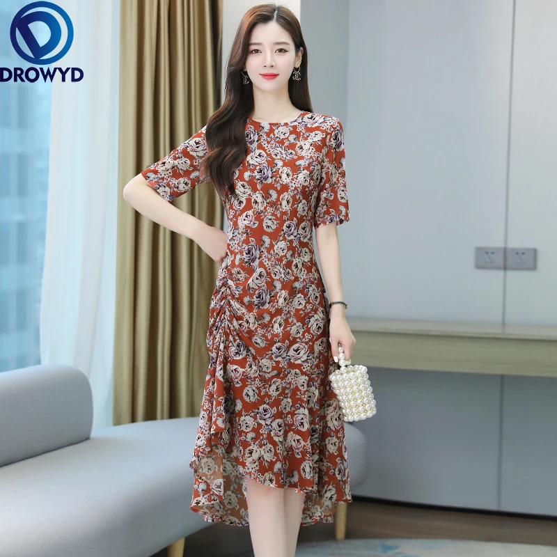 

2021 Women Temperament Floral Print Dress Short Sleeve O-neck A-line Chiffon Plus Size Casual Summer Boho Party Dresses Vestidos