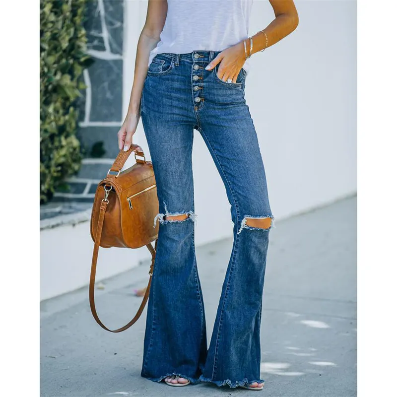 

European American Women's Pant New All-match High Waist One-breasted Denim Pants Hole Bell-bottomed Mopping Trousers JD2208