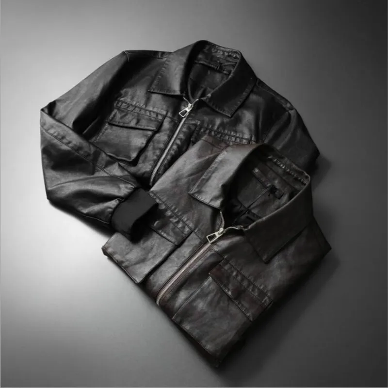 

PU New Male Autumn Winter Leather Men Lapel handsome Locomotive jacket Coat Masculino casual Multiple pockets jackets top