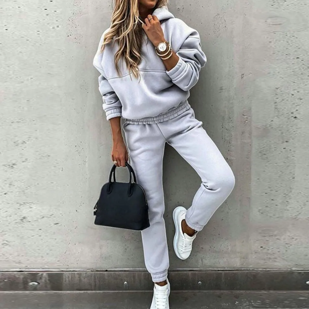 

2 Piece Suits Women Tracksuit Long Sleeve Hooded Pullovers Top Loose Sports Suit Female Running Fitness Sportswear Solid Color