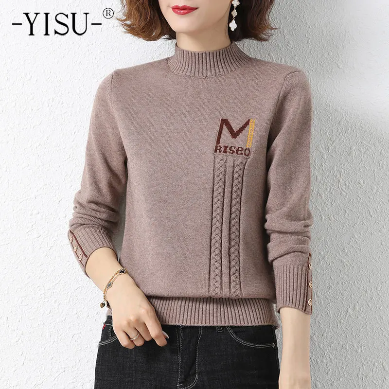 

Осень-зима 2021, женский свитер YISU, топ с круглым вырезом и надписью, Женский Повседневный Свободный вязаный пуловер, женская одежда