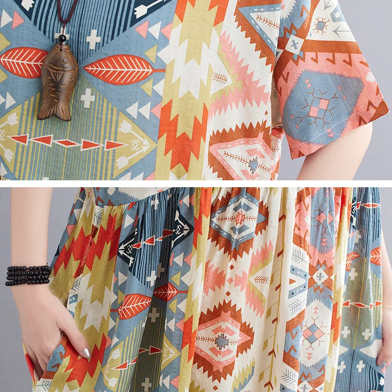 

New 2021 Summer Plus Size Bohemia Dress Vintage Batwing Linen Dresses Robe Female Ethnic Print Cotton Long Dress Female Robe