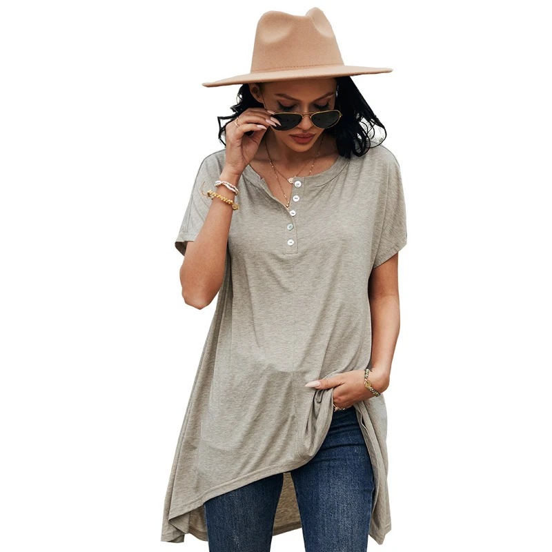 

Gezelligheid Tops Women Clothes 2021 New Summer Short Sleeve Long Hight Quality Casual Loose O-Neck Solid Brief Cotton T Shirts