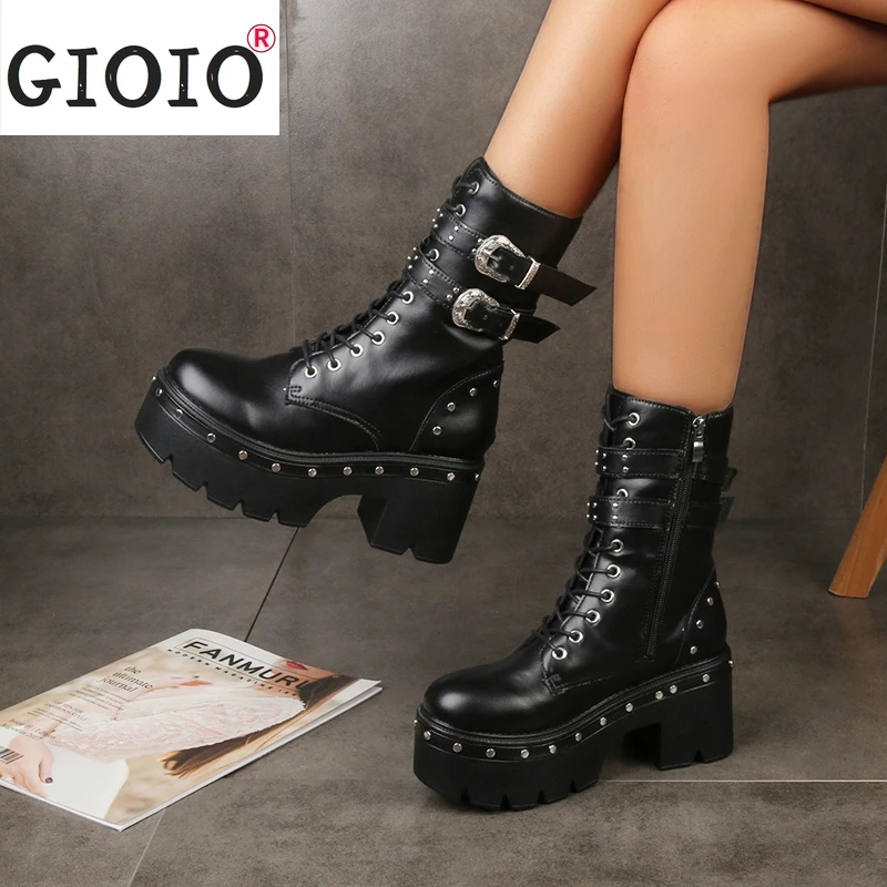 

Женские ботильоны с заклепками, черные мотоциклетные ботинки в стиле панк на платформе, с квадратным каблуком