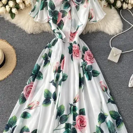 

2021 summer women's Rose short sleeve A-line dress retro elegant bow collar slim long MIDI dress chic oversized party dress