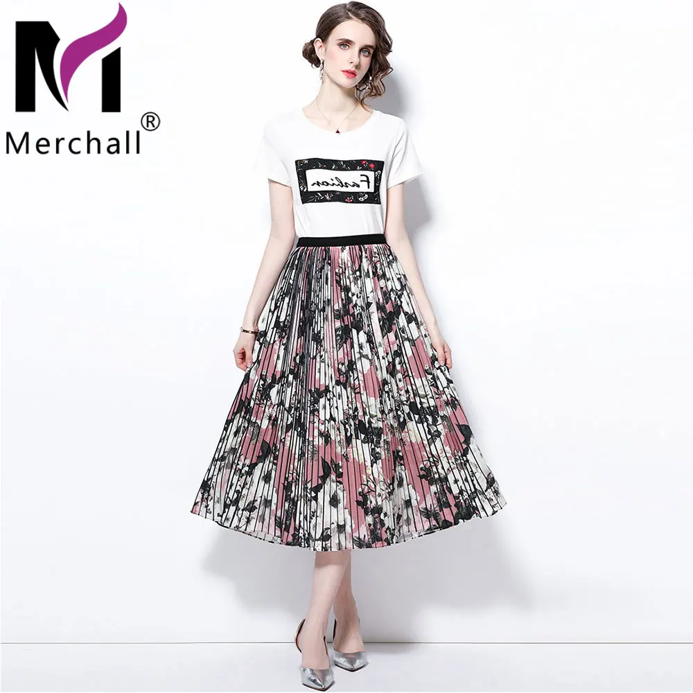 

Merchall 2021 Summer Fashion Runway Midi Skirt Sets Women Short Sleeve White T-shirt and Pleated Skirts Two Piece Sets M69888