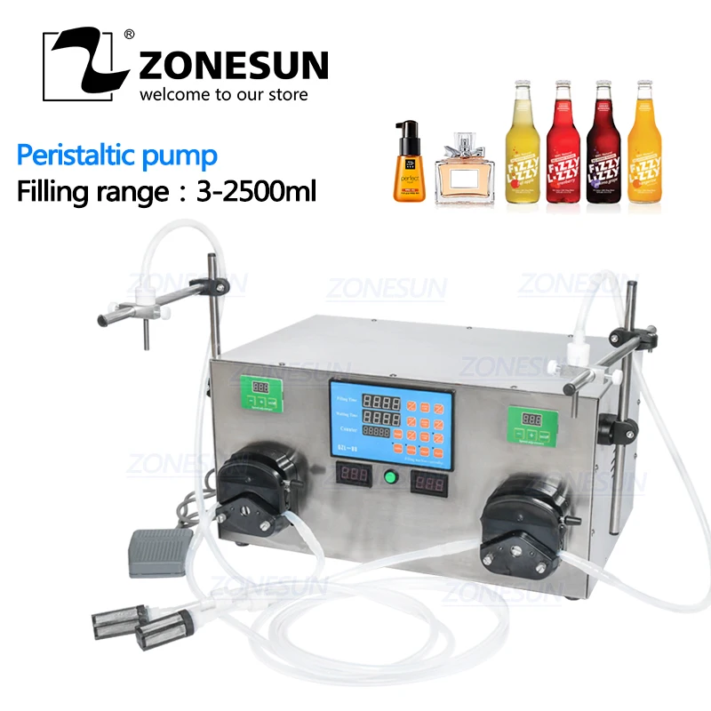 

ZONESUN 2 Heads Perfume Water Juice Essential Oil Peristaltic Pump Liquid Filling Machine 3-2500ml