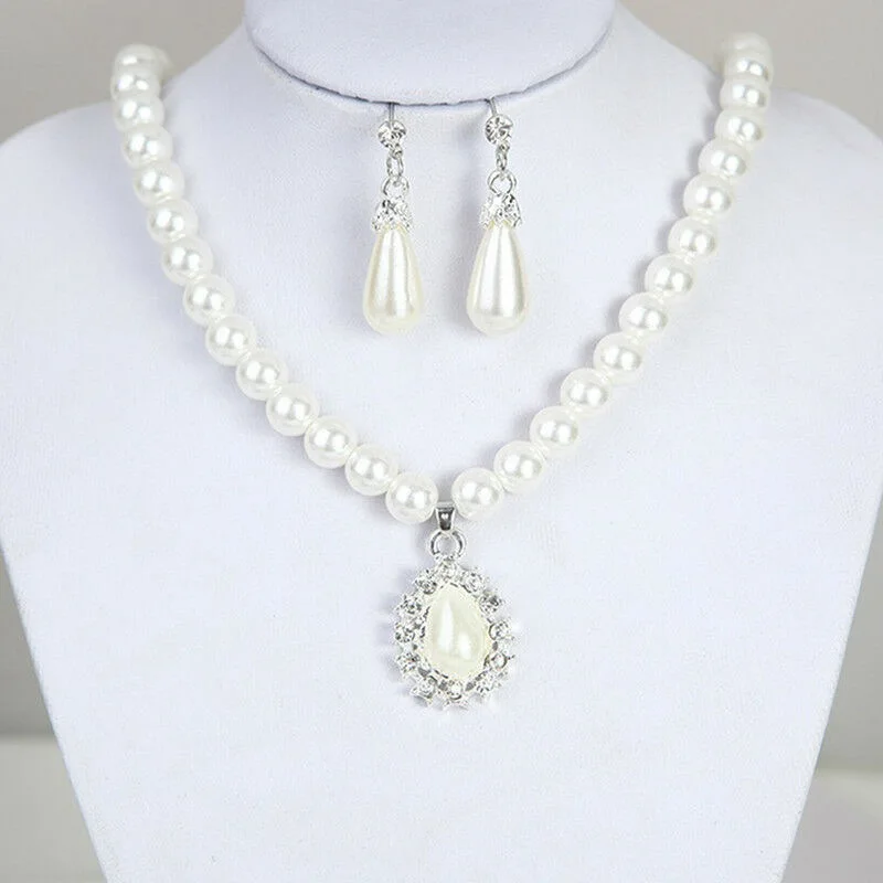 

Elegant Pearl Crystal Drop Party Jewelry Earrings Chain Wedding Necklace