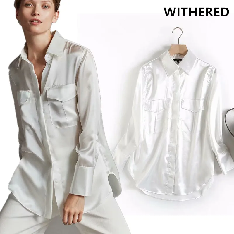 Withered new autumn blusas mujer de moda england office lady satin mulberry silk shirt kimono shirt womens tops and tshirt