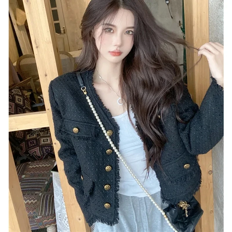 

Vintage Fringe Black Tweed Jacket Women Elegant Loose V Neck Single Breasted Cropped Coats Korean Fashion Tassel Short Outerwear